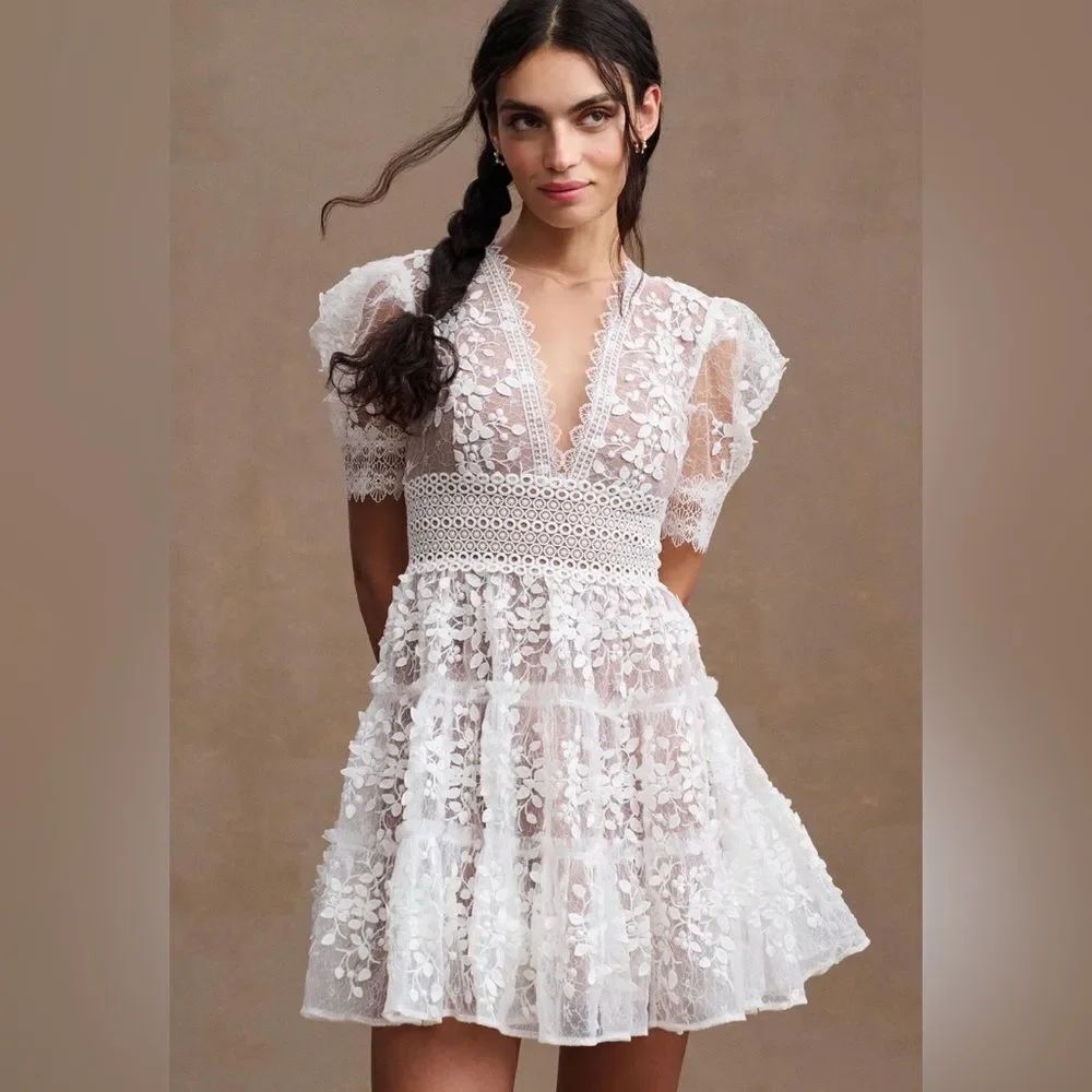 Anthropologie Bronx and Banco White Floral Lace Mini Dress